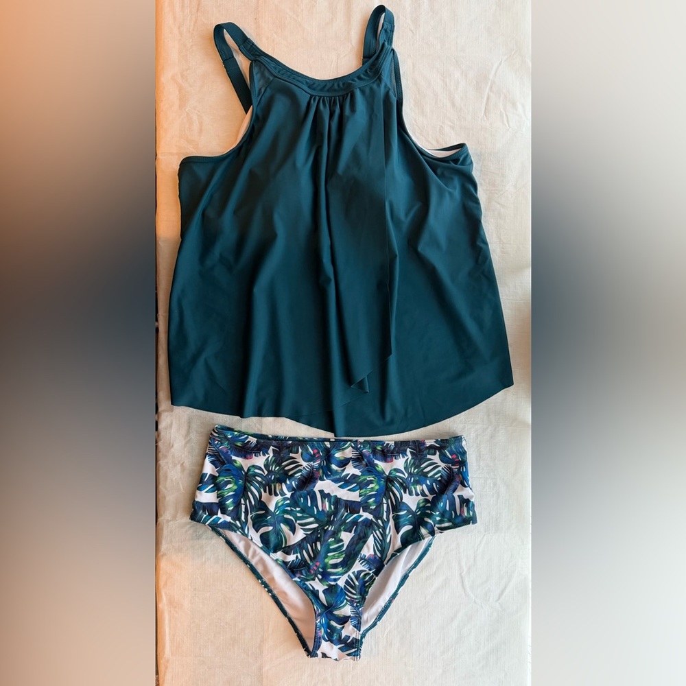2 Piece Teal & Tropical Print Swim Suit